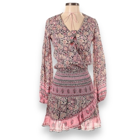 Bell by Alicia Bell Evelyn Smocked Silk Blend Voile Pink Paisley Mini Dress NWOT - Picture 4 of 8